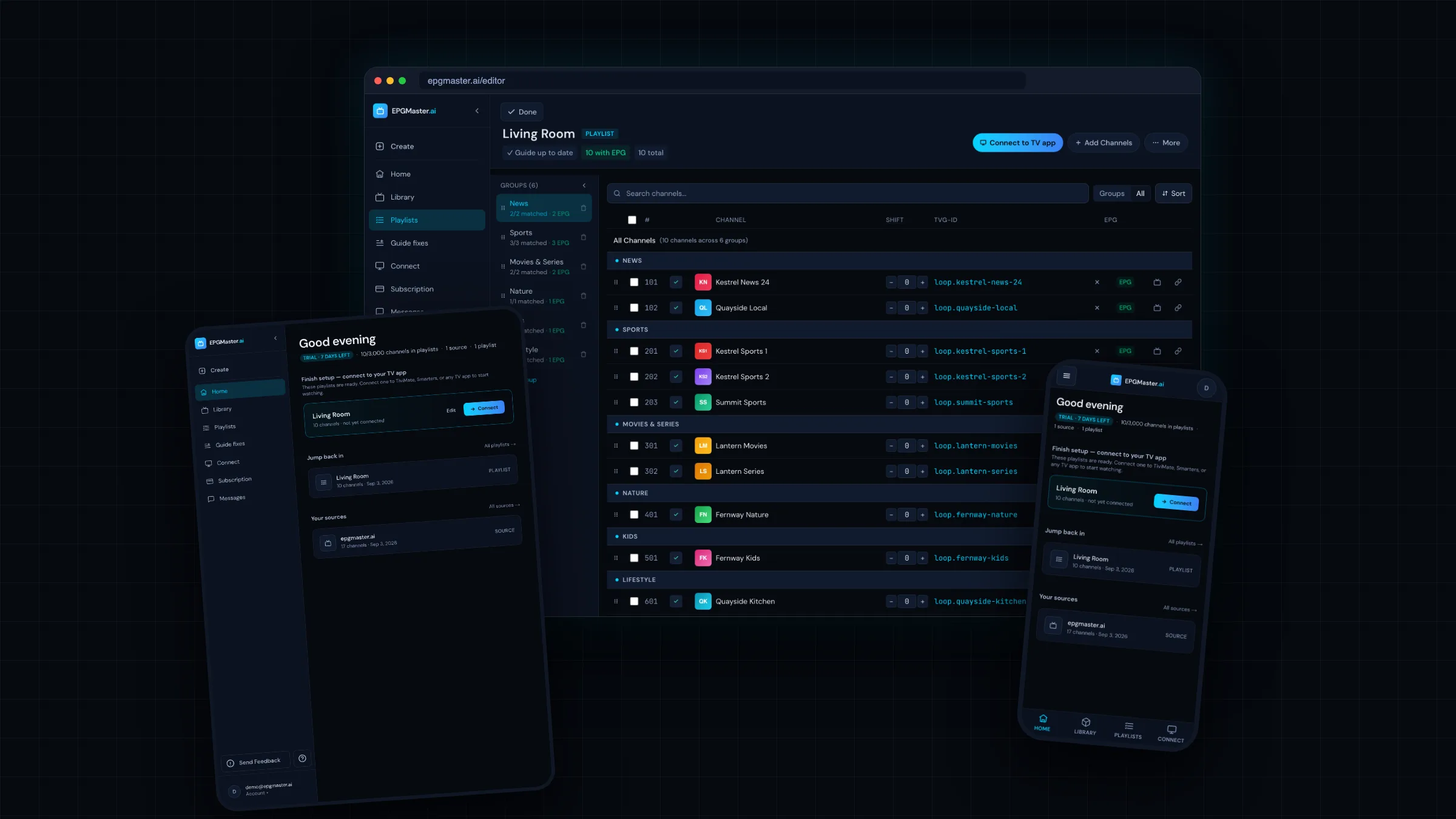 EPGMaster.ai on desktop, tablet and phone — the channel editor showing matched EPG data across a curated playlist